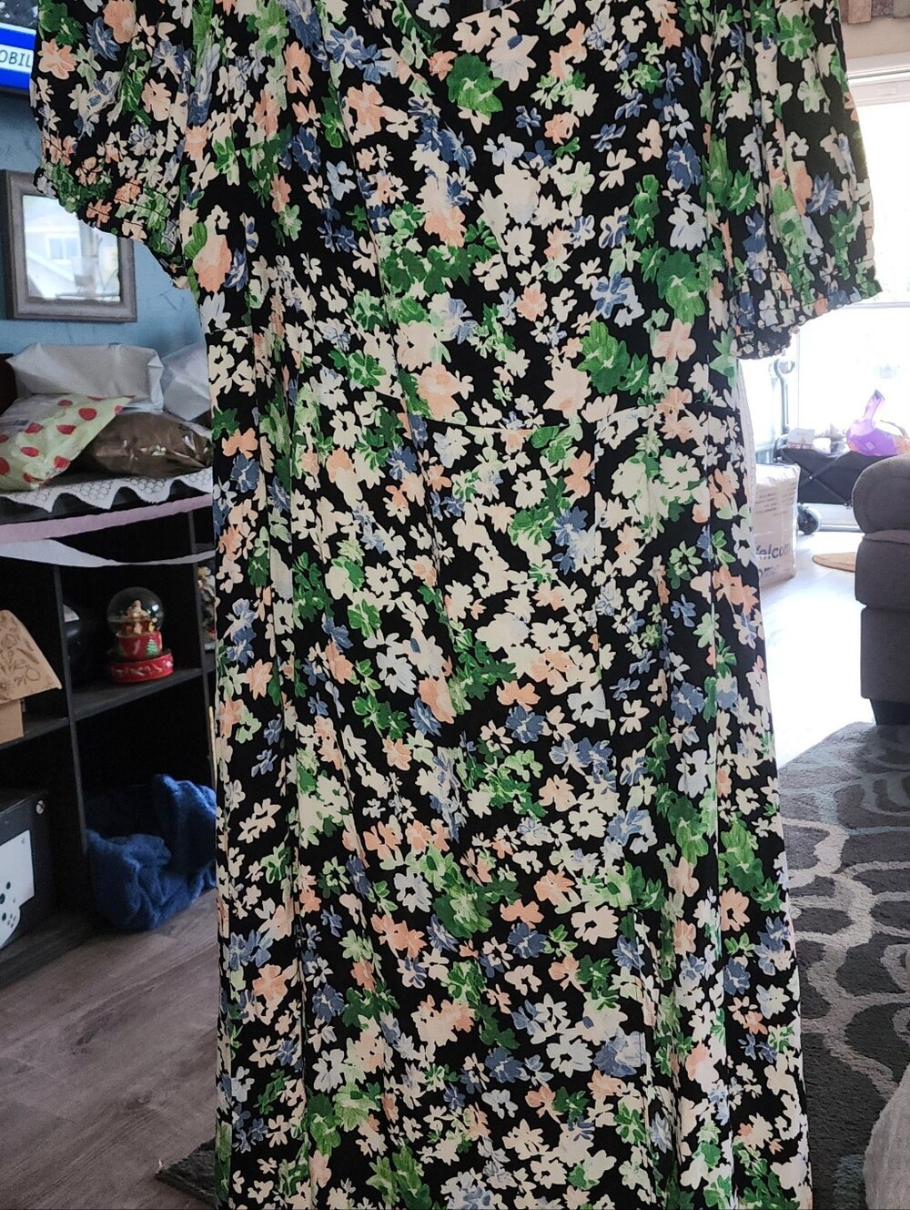H&M Black Floral Midi Dress with Green, Blue and Pink Print Sz LRG